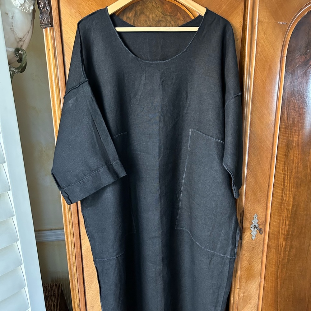Provence blk linen long dress 52” bust side pockets salvage seams On Sale